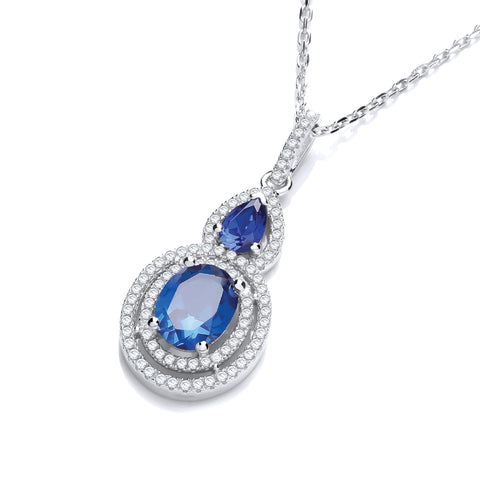 925 Sterling Silver Micro Pave' Sapphire & White Drop Pendant with 18" Chain