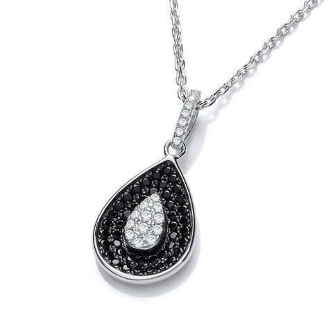 J-JAZ 925 Sterling Silver Micro Pave' Black & Clear Cz Teardrop Pendant with 18" Chain