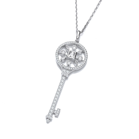 925 Sterling Silver Cz Vintage Key Pendant with 18" Chain
