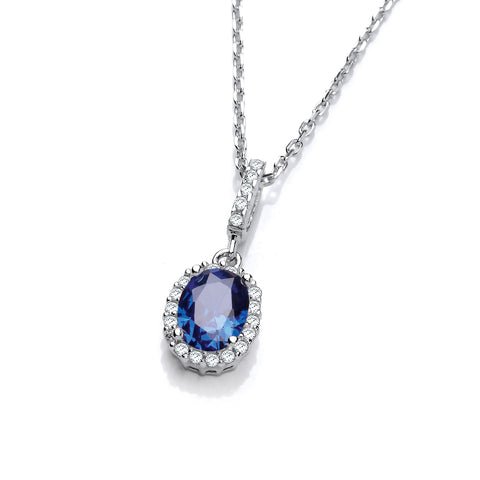 925 Sterling Silver Oval Blue CZ Drop Pendant with 18" Chain