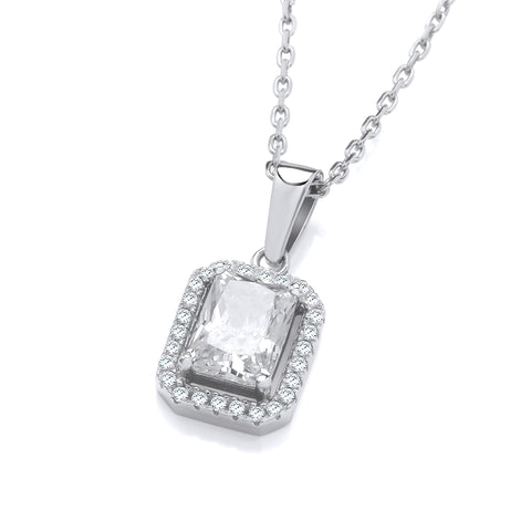 Sterling Silver Clear Cubic Zirconia Halo Stud Pendant with Chain