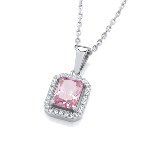 925 Sterling Silver Pink Cubic Zirconia Halo Emerald Cut Pendant with Chain