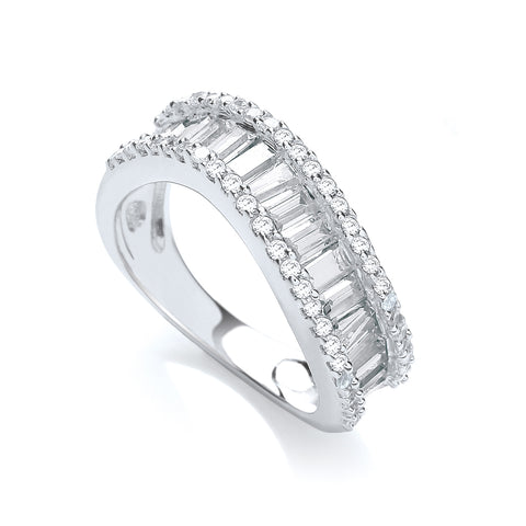 J-JAZ 925 Sterling Silver Baguette with Round Cz Wave Ring