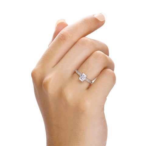 925 Sterling Silver Emerald Cut Cz Solitaire with Pave Set Shoulders Ring