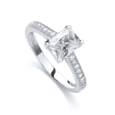 925 Sterling Silver Emerald Cut Cz Solitaire with Pave Set Shoulders Ring