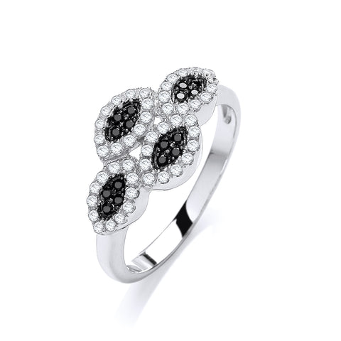 J-JAZ 925 Sterling Silver Micro Pave' Black & White Cz Fancy 4 Feature Marquise Shape Ring