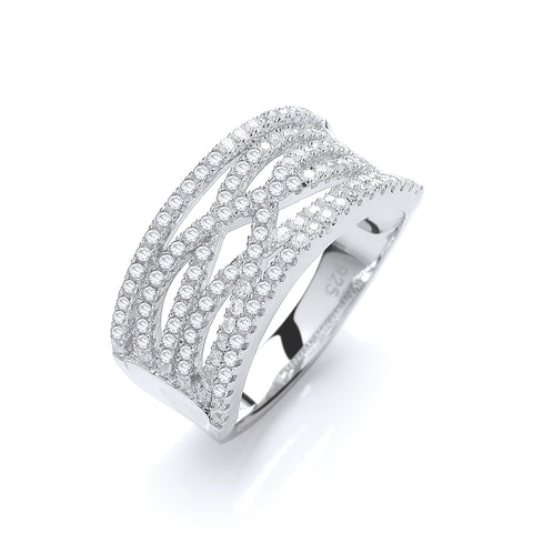 J-JAZ 925 Sterling Silver Micro Pave' White Cz Multi Crossover Ring