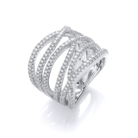 925 Sterling Silver Micro Pave' Six Rows of Clear Cz Ring