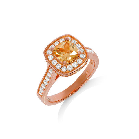 925 Sterling Silver Micro Pave Rose Coated Champagne Centre Silver Cz Ring