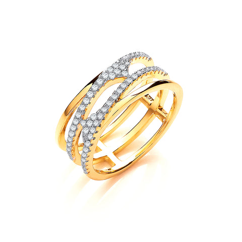925 Sterling Silver Yellow Gold Coated, Three Row, Micro Pave Cz Ring