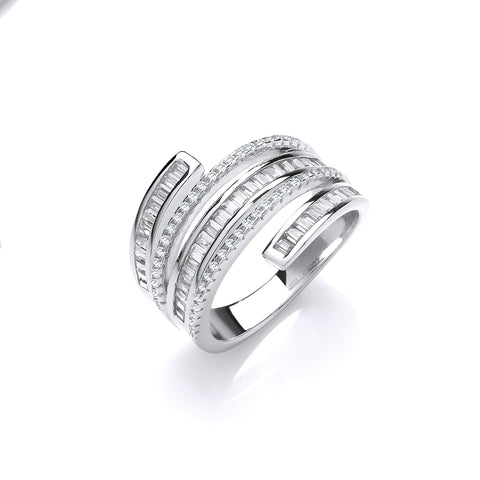 925 Sterling Silver 5-Layered Baguette & Round Cz's Ring
