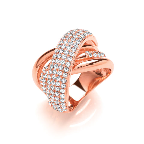 925 Sterling Silver Rose Coated Large Intertwined Design Cz Ring