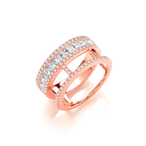 925 Sterling Silver Princess Cut and Round Pave Cz Rose Gold Plated Ring