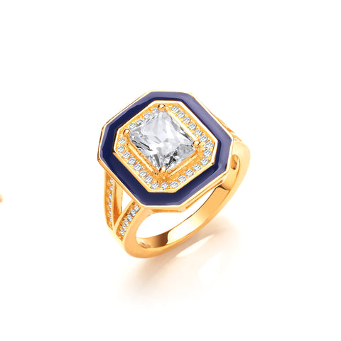 925 Sterling Silver High Setting, Split Shank, Blue Enamel & Cz Yellow Gold Plated Silver Ring