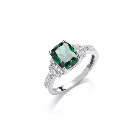 925 Sterling Silver Emerald Cut Green Cz Centre with Clear Cz on Shoulder Ring