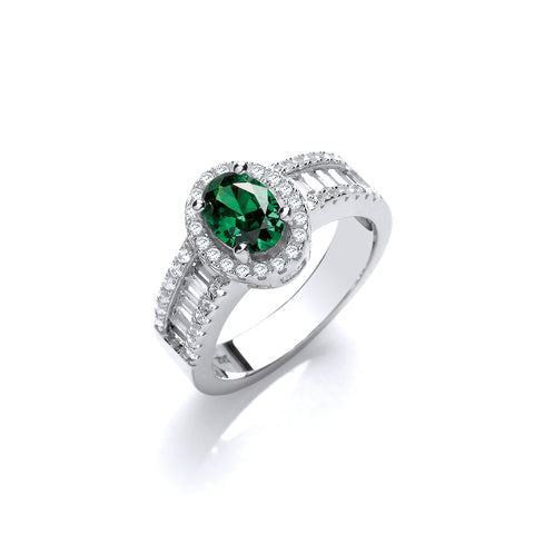 925 Sterling Silver Oval Green CZ with Baguette & Round CZs on Shoulder Ring