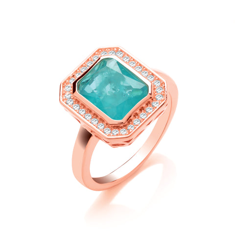 925 Sterling Silver Green Cz Emerald Cut Rose Gold Coated Ring