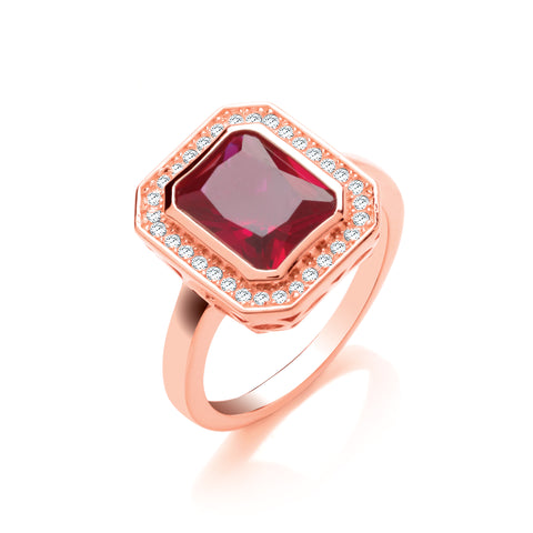 925 Sterling Silver Emerald Cut Red Corundum with Rose Gold Coating Ring