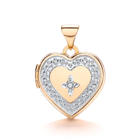 9ct White & Yellow Heart Shape Locket with Diamond
