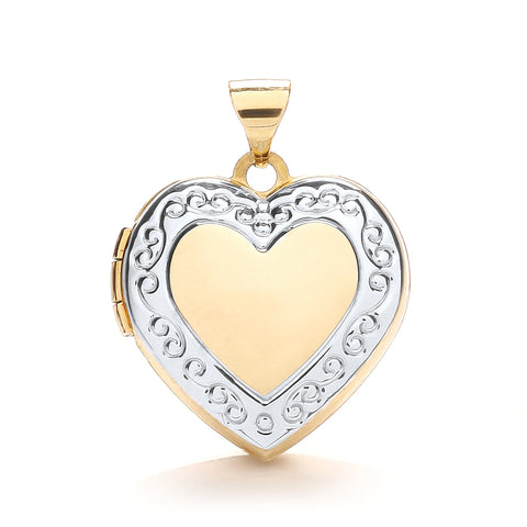 9ct White & Yellow Gold Heart Shape Locket with edge design