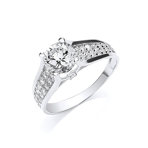 9ct White Gold Ladies Single Stone Two Row Cz Shoulder Ring