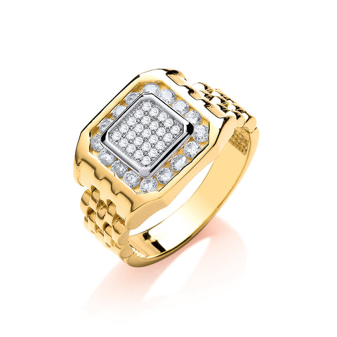 9ct Yellow Gold Panther Link & Cz's Gents Ring