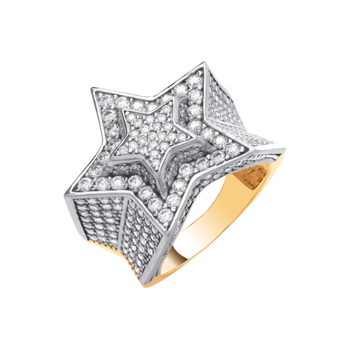 9ct Yellow Gold Cubic Zirconia Large 3D Star Gents Ring
