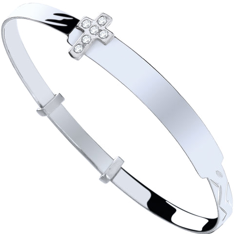 925 Sterling Silver Children's ID with Cz Cross Expandable Bangle