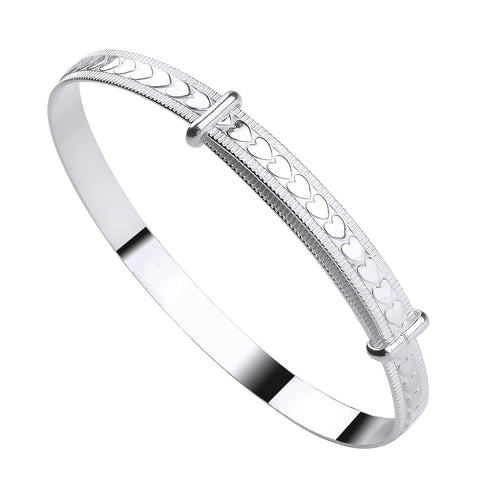 925 Sterling Silver Child's Expandable Bangle With Embossed Hearts