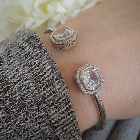 925 Sterling Silver  Octagon CZ Torque Hollow Bangle
