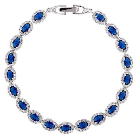 925 Sterling Silver Sapphire Blue Oval Cz Ladies Bracelet