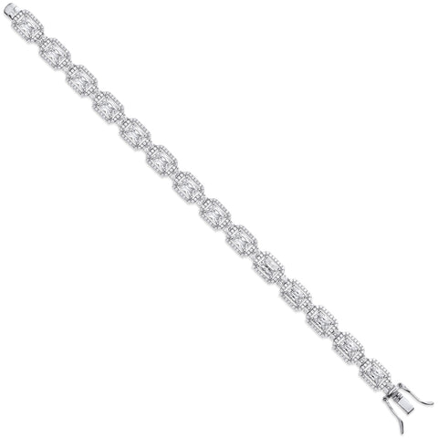 925 Sterling Silver Clear Cz Emerald Cut in a Halo Style Tennis Bracelet