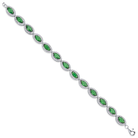 925 Sterling Silver Green Marquise Cut CZs Ladies Bracelet