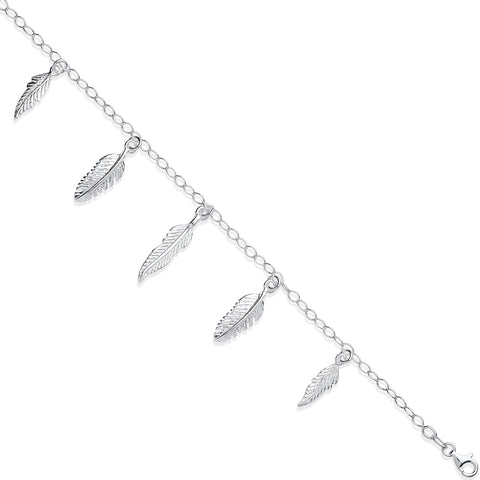 925 Sterling Silver 5 Feathers Ladies Charm Bracelet