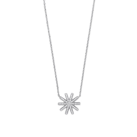 925 Sterling Silver Cz Starburst Pendant 16" Necklace with extension to 18"