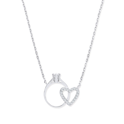 925 Sterling Silver Chain Necklace with Little Cubic Zirconia Engagement Ring & Heart