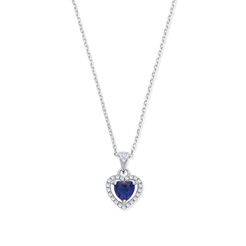 925 Sterling Silver Blue Sapphire Cubic Zirconia Halo Heart Pendant Necklace
