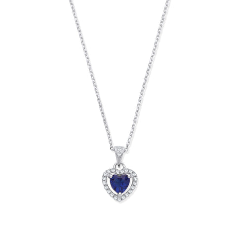 925 Sterling Silver Blue Cubic Zirconia Halo Heart Pendant Necklace