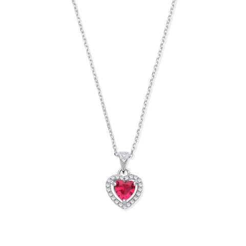 925 Sterling Silver Ruby Red Cubic Zirconia Halo Heart Pendant Necklace