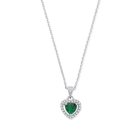925 Sterling Silver Emerald Green Cubic Zirconia Halo Heart Pendant Necklace