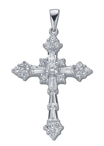 925 Sterling Silver Fancy Baguette Cut Cz Cross with Chain