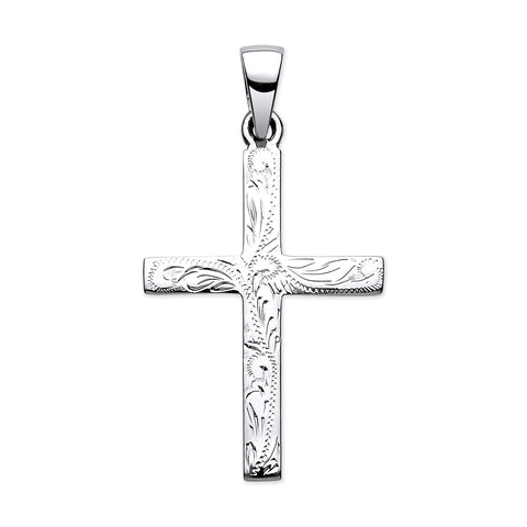 925 Sterling Silver Solid Cross Fancy Design and Plain Back Pendant with Chain