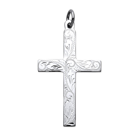 925 Sterling Silver Solid Large Cross with Design and Plain Back and Chain