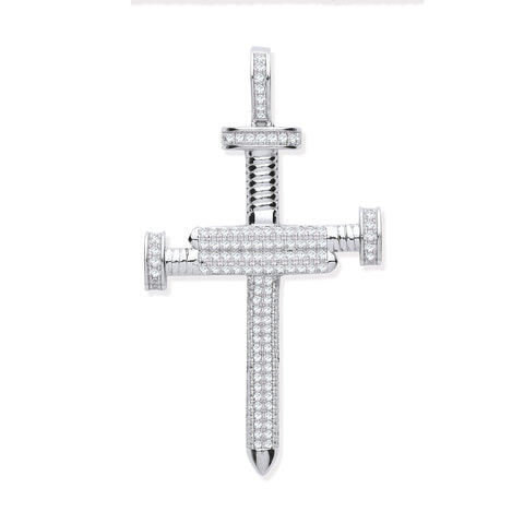 925 Sterling Silver Nail Cz Cross Pendant with Chain