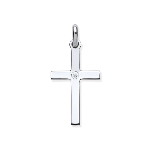 925 Sterling Silver Plain Solid Cross Pendant Single Cz Stone with Chain