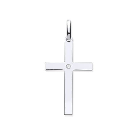 925 Sterling Silver Plain Solid Large Cross Single Cz Stone With Chain