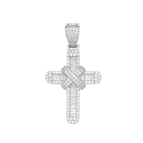 925 Sterling Silver Round & Baguette CZs Kiss Cross with Chain