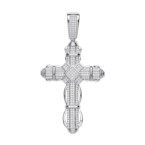 925 Sterling Silver Big Fancy CZ Cross with Chain