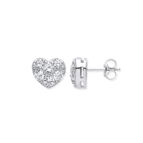 925 Sterling Silver Pave Set Heart Stud Earrings