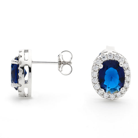 925 Sterling Silver Blue Sapphire Cz Oval Stud Earrings